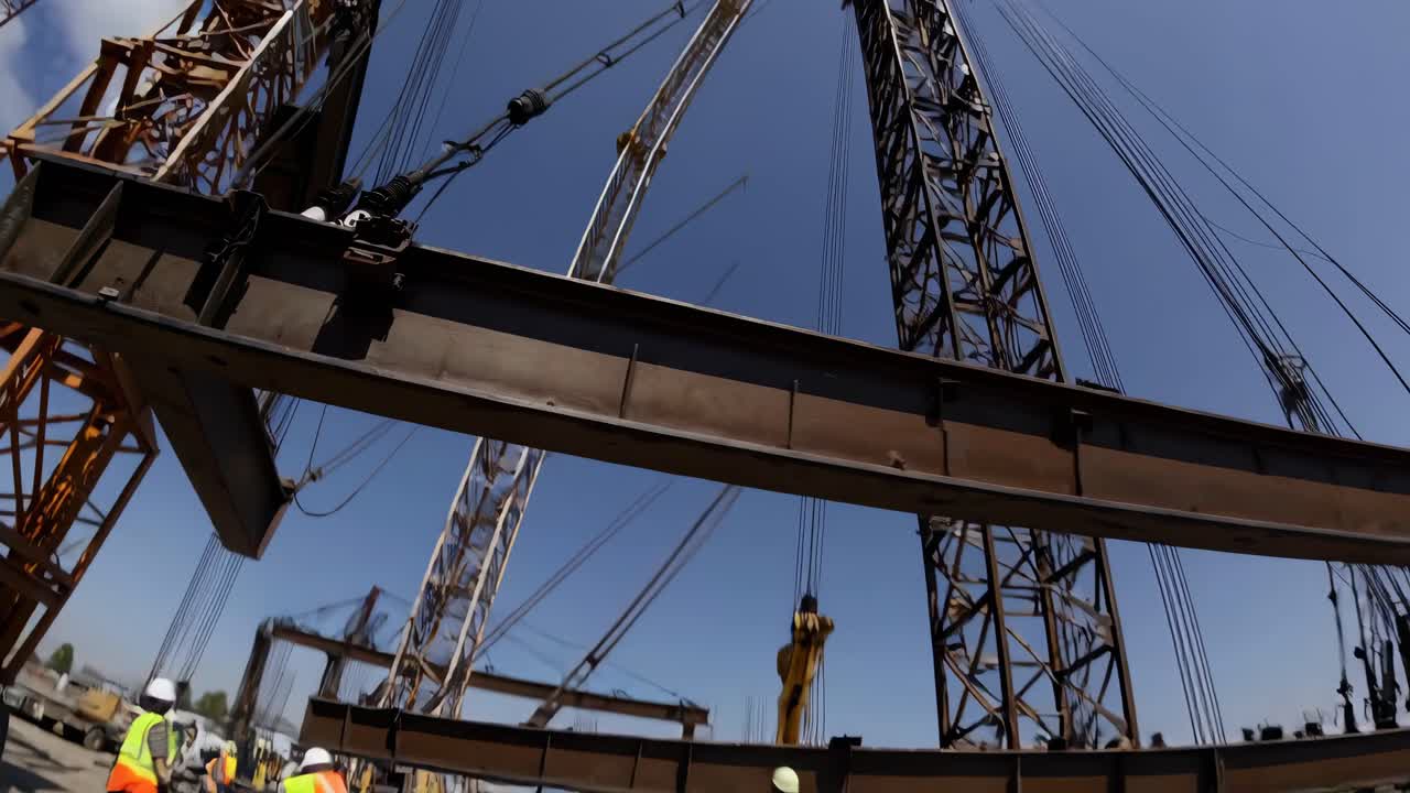 Wide-angle video shot of a construction site with cranes and workers in safety gear