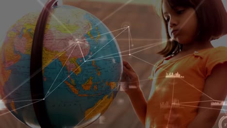 Animation-of-network-of-connections-over-caucasian-girl-touching-a-globe-model-at-school