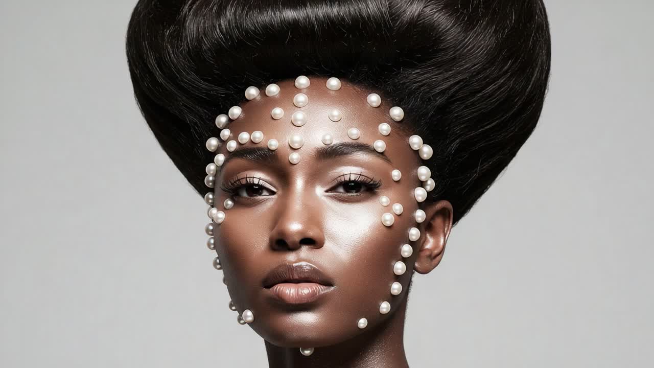 Stunning High-Fashion Portrait Featuring a Model with Exquisite Pearl-Embellished Hair and Face, Capturing Elegance and Artistic Expression in Contemporary Beauty