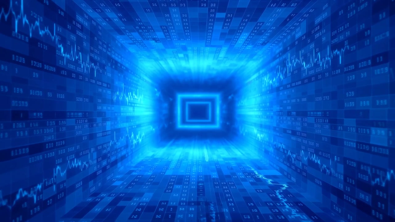 Symmetrical digital tunnel centered on glowing cyan concentric square, with walls and floor covered in illuminated number grids, chart lines, and reflective panels under intense central light