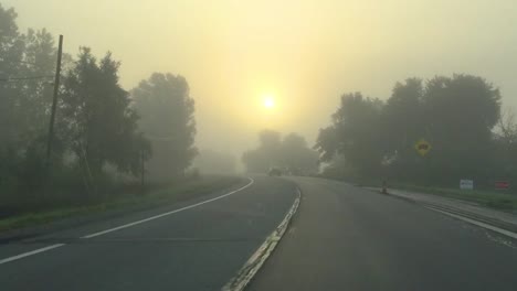 driving in the morning fog during sunrise in ovid, michigan.