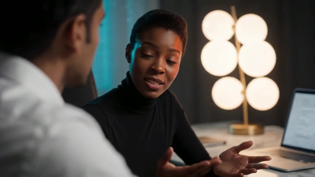 Casual Conversation Between Two Professionals at a Modern Office Desk with Ambient Lighting and a Laptop Showing Data Insights