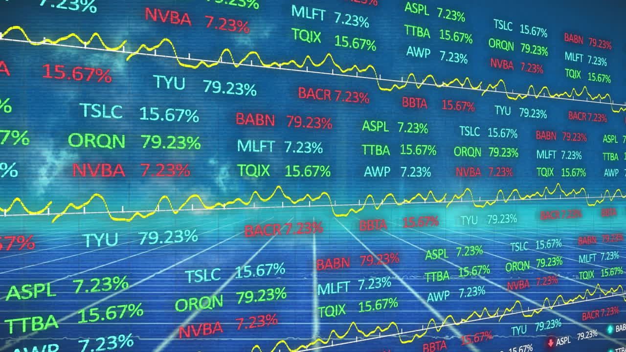 青い背景に金融データ処理と線のアニメーション。