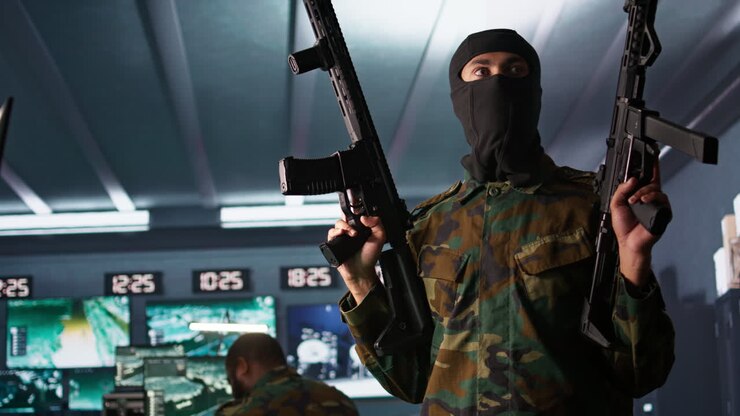 Insurgent inspecting room during enemy base assault