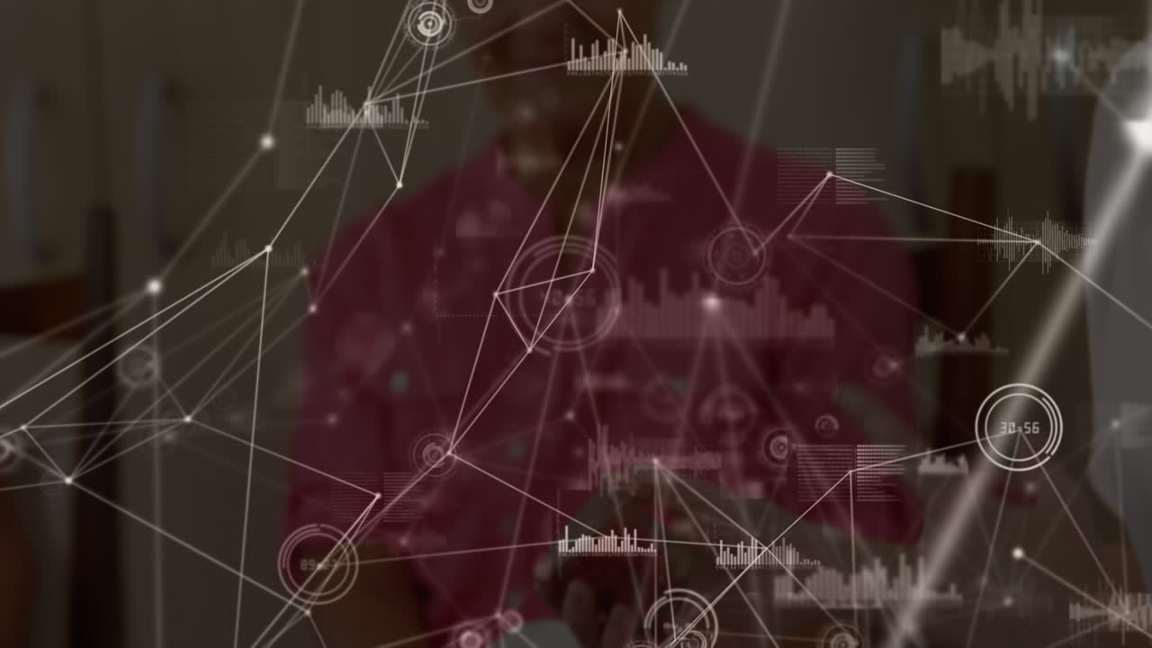 백인 여성 의사와 고령 환자에 대한 연결 네트워크의 애니메이션