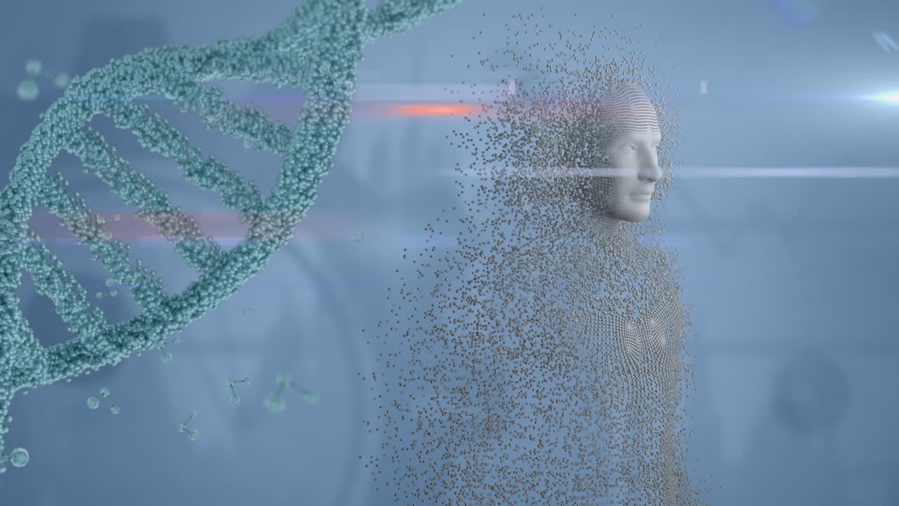 cuerpo humano en movimiento con cadena de adn