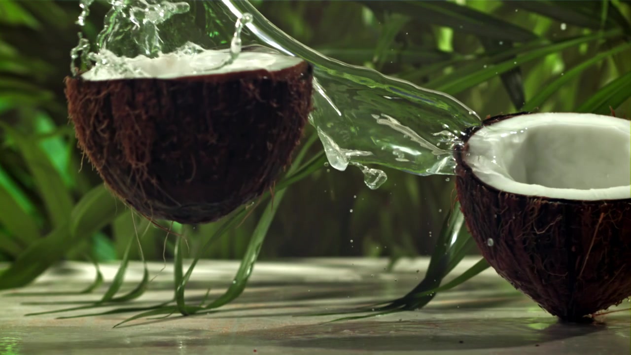 Fresh Coconut Splitting Open and Water Splashing in Slow Motion