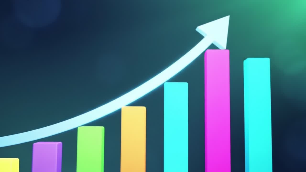 A vibrant bar chart displays various colors highlighting a steady increase in metrics. An upward arrow indicates positive growth trends in business performance.