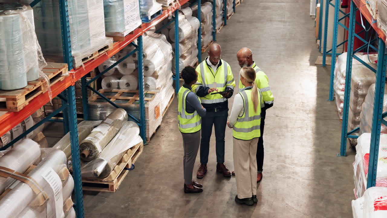 un equipo de trabajadores del almacén en una reunión.