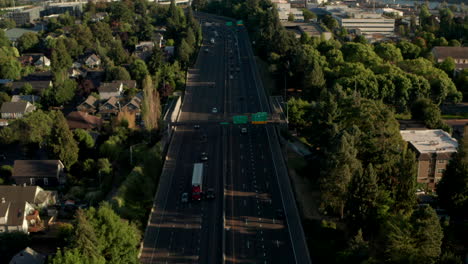 Aerial-shot-over-large-freeway-into-Portland-Oregon
