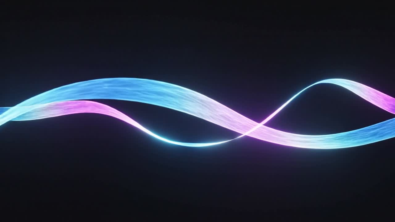 Inicio de cintas emparejadas de color rosa y cian deslizándose sobre un fondo oscuro, desplazando el punto de cruce hacia la derecha.