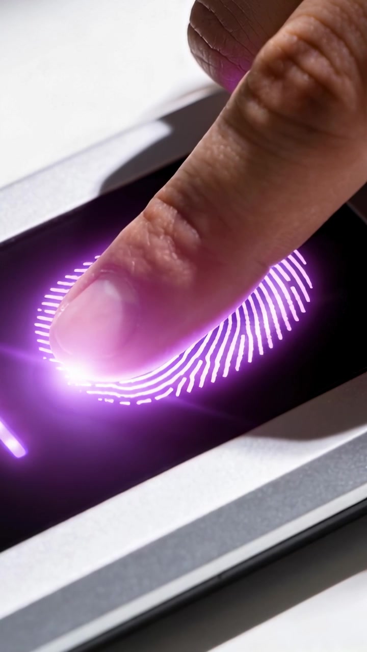 Vertical video: Contacting right index finger creating purple glow on black sensor for registration
