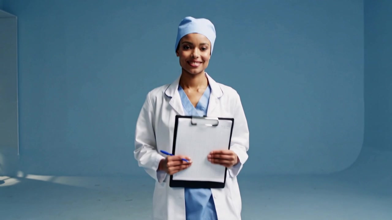 Posing nurse adjusting clipboard while camera moving in studio, showing blue scrubs, white coat cap