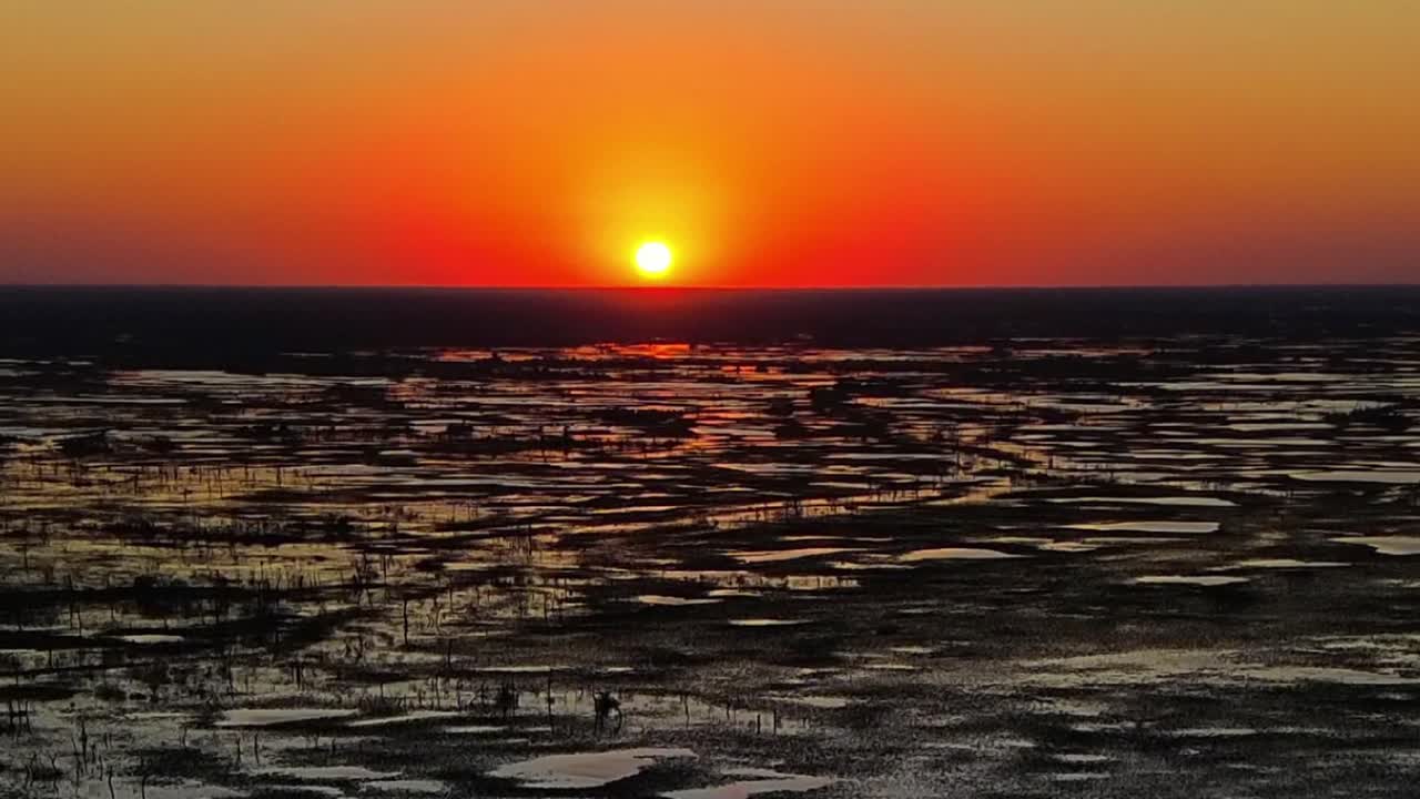 Aerial view at sunset of the swamps in the pantanal of Brazil during the rainy season.