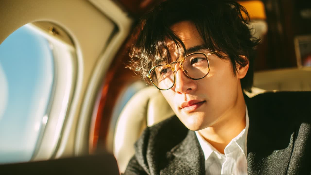 A Thoughtful Moment: A Young Man in Stylish Eyewear Contemplates Life Inside a Private Plane Cabin Bathed in Warm Sunlight