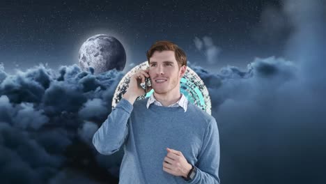 Animation-of-man-using-smartphone-blue-clock-over-cloudy-sky