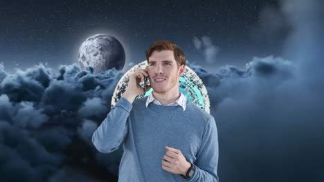 animación de un hombre usando un teléfono inteligente reloj azul sobre un cielo nublado