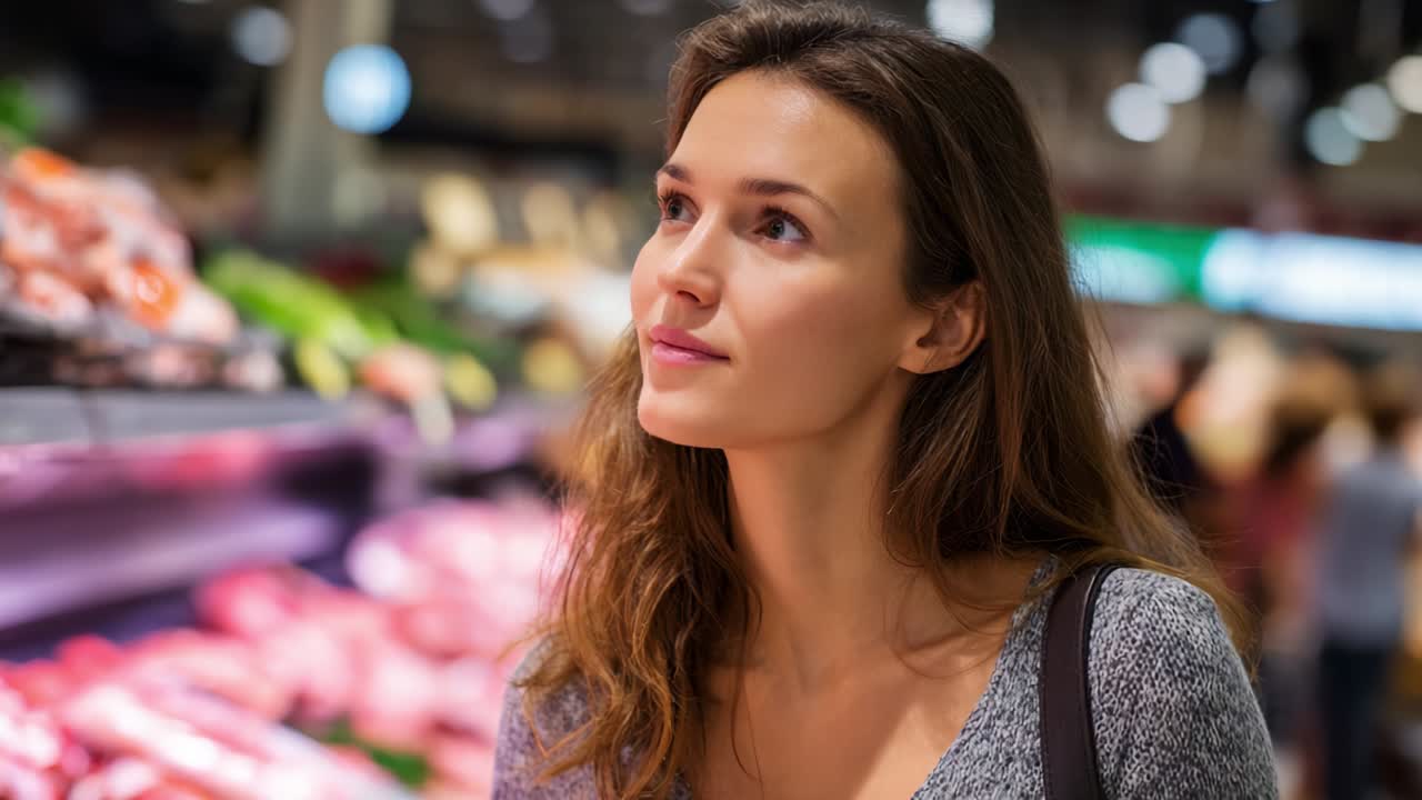 In a vibrant market setting, a thoughtful woman surveys her options as she gazes at fresh produce with a contemplative look, embodying the essence of decision-making amidst a bustling atmosphere
