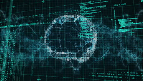 animation of data processing over dna strand and digital brain on black backgroud