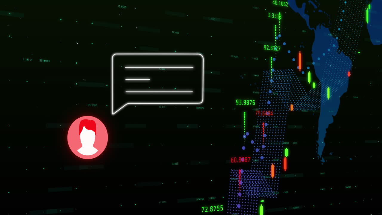 Animation of message box, profile icons and map with graphs over black background