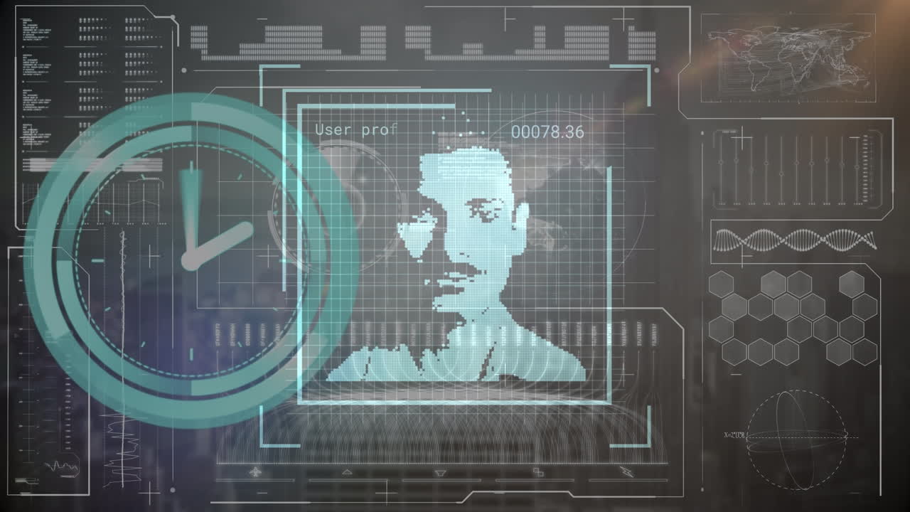 Animation of data processing with diverse people icons over clock and globe on black background
