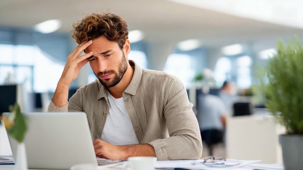 Frustrated young man struggling with work at a laptop in a modern office, displaying emotions of stress and confusion while trying to focus on tasks
