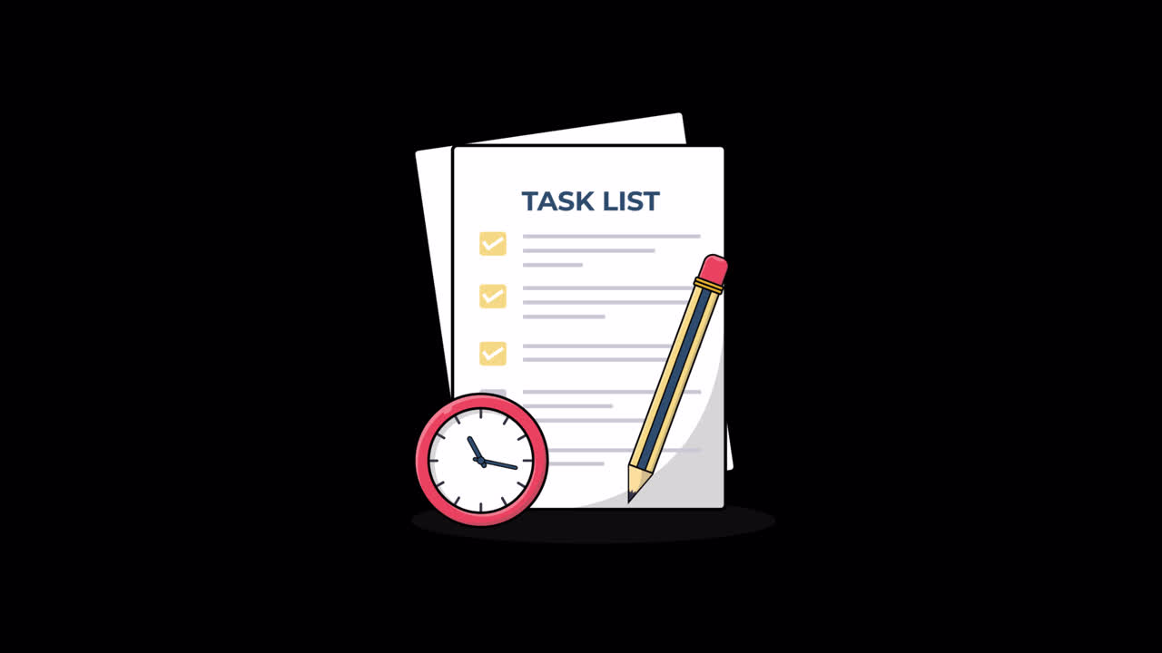 Animated Task List with Checkmarks, Pencil, and Clock