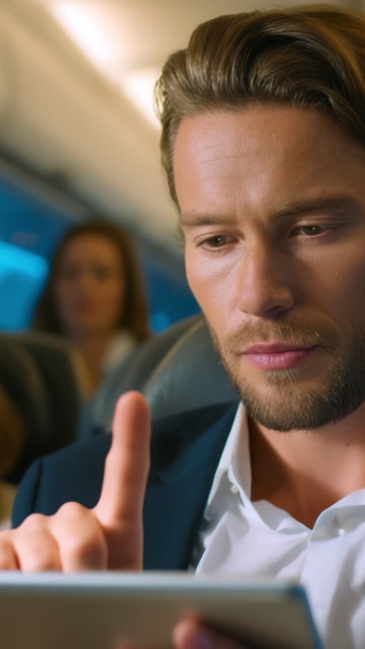 Passeggero concentrato intento con il tablet nella cabina dell'aereo, affascinato dai contenuti durante il viaggio in volo, circondato da altri viaggiatori in posti comodi.