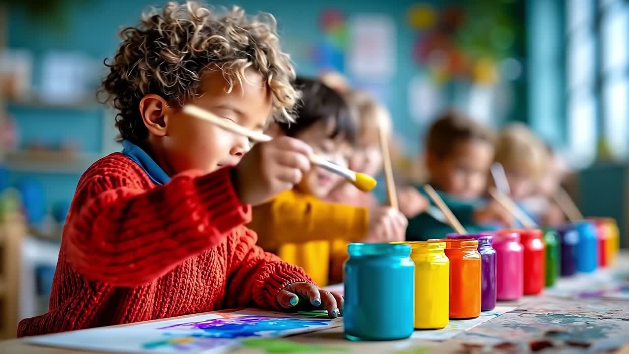 A group of children sitting at a table painting with paint cans