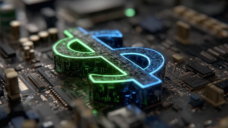 Un simbolo del dollaro luminoso, incorporato in un circuito stampato, rappresenta l'intersezione tra tecnologia e finanza, evidenziando il futuro dell'innovazione della valuta digitale