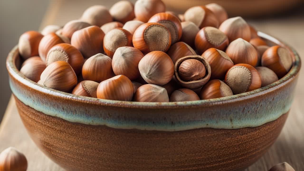 A close-up view of a beautifully crafted bowl filled with fresh hazelnuts, showcasing their natural colors and textures, perfect for culinary use or nut-based recipes