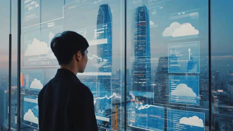 a man looking at a futuristic display in a skyscraper office