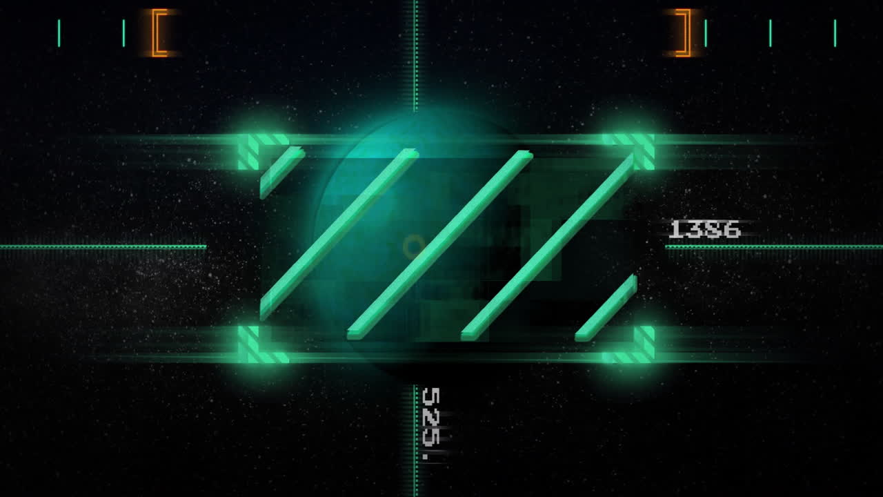 Animation of glowing lines and numbers over starry background with digital interface