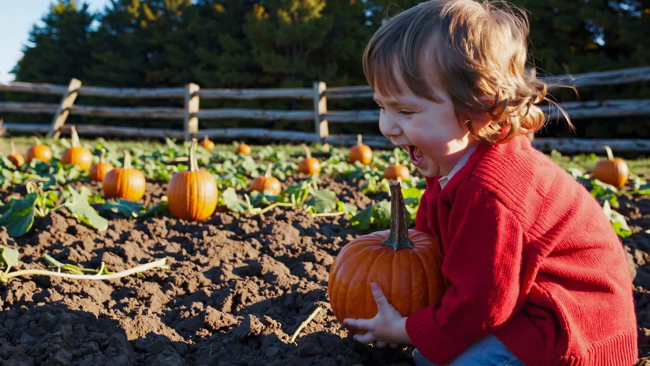 Wide-angle shot of a pumpkin patch under bright sunlight, showcasing rows of pumpkins and green
