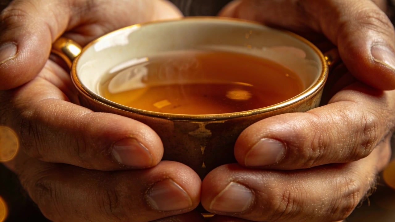 Un paio di mani adulte con maniche scure che reggono delicatamente una tazza da tè in porcellana a casa, con il vapore che sale.