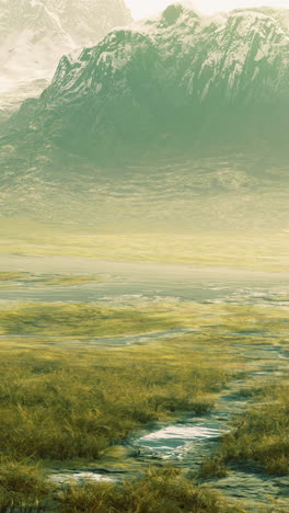 mountain landscape during golden hour with lush greenery and water