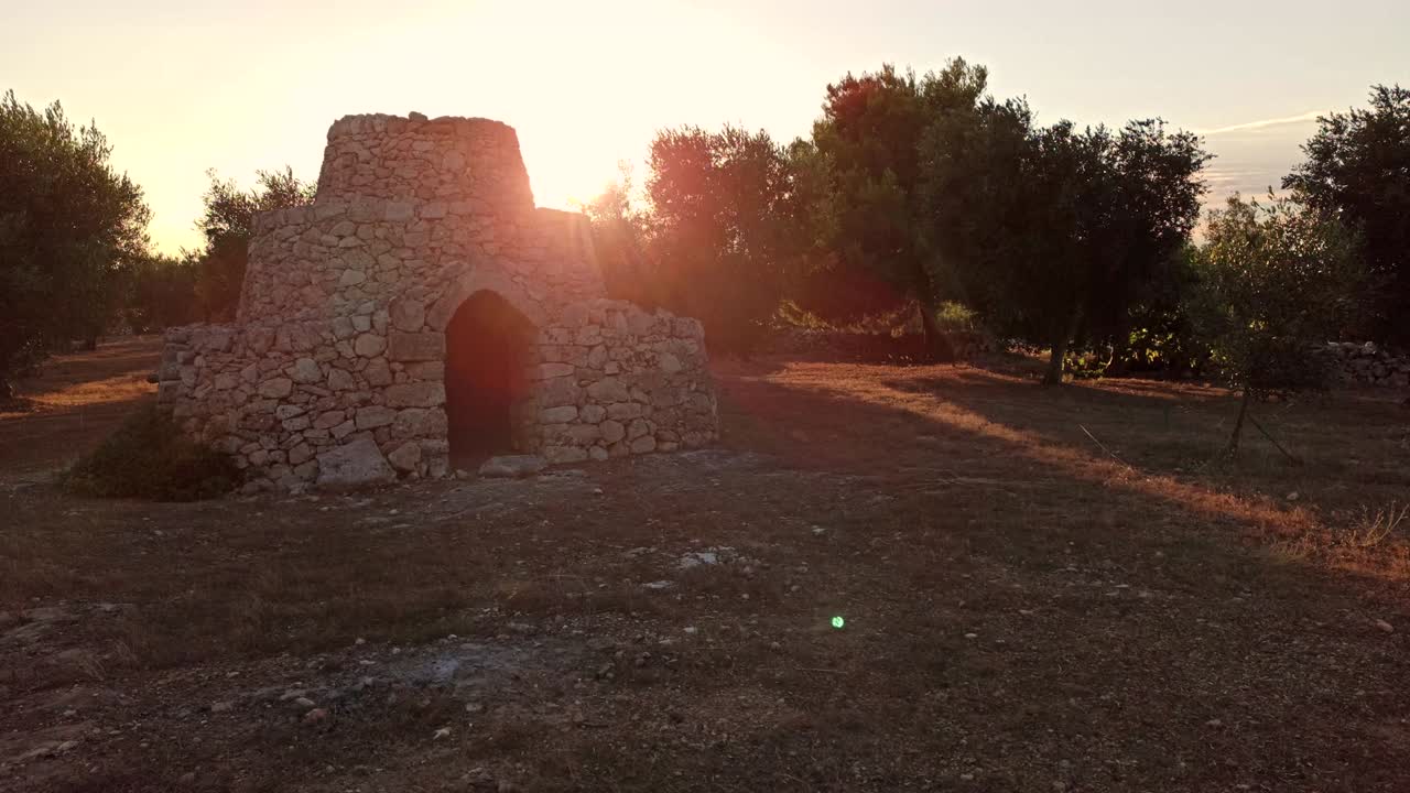 Beautiful trullo with olive grove, Manduria, Southen Italy. View of conical roof of traditional dry stone trullo house