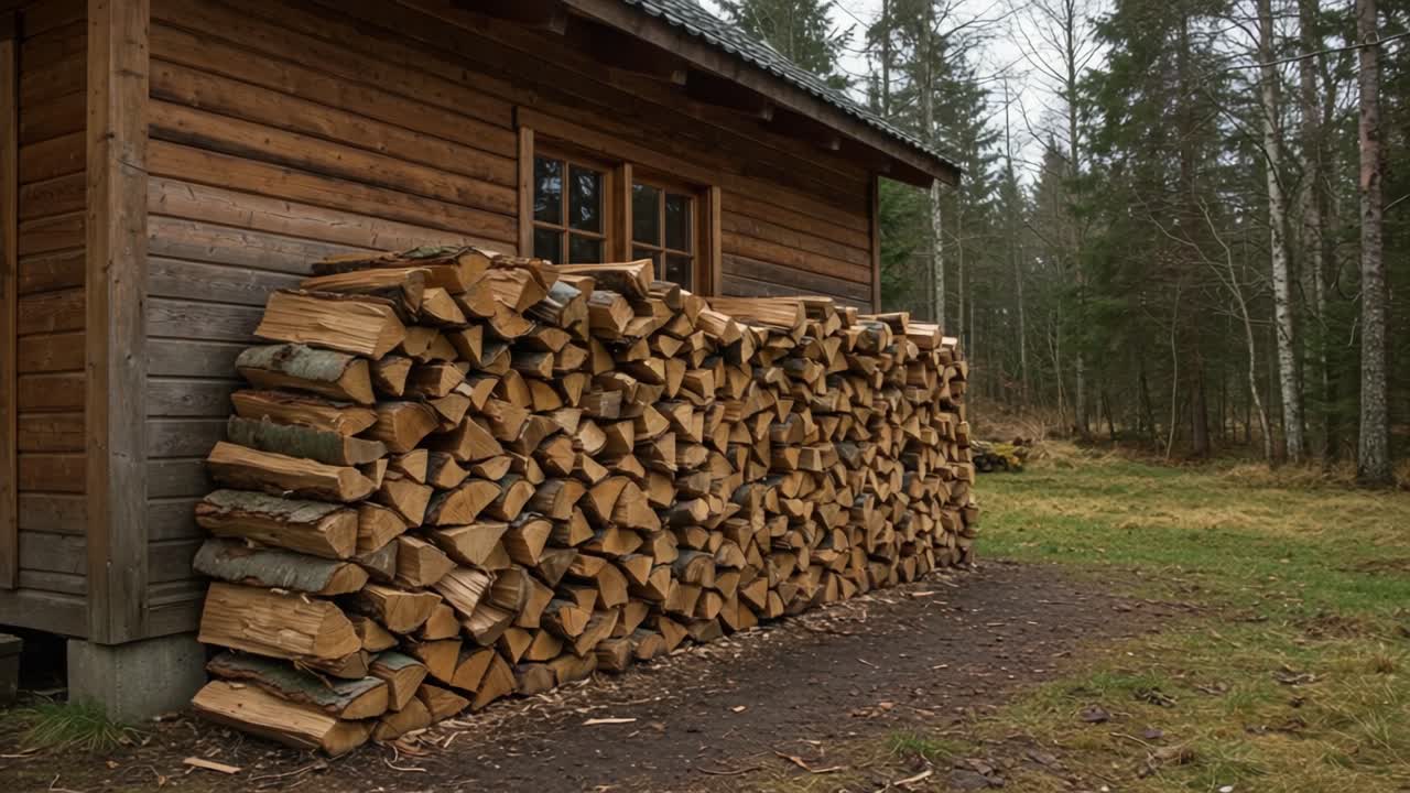 A serene woodland scene features a neatly stacked pile of firewood alongside a rustic wooden cabin, surrounded by tall trees and a tranquil grassy area