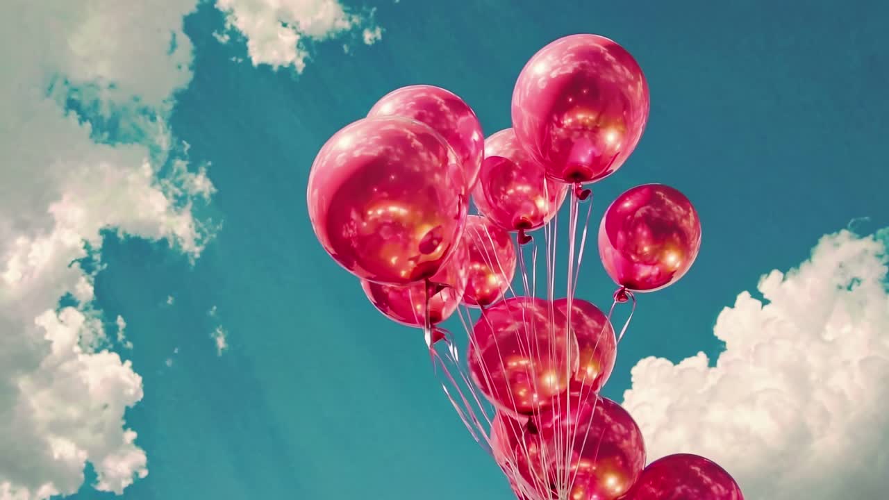 Low-angle shot of vibrant pink balloons against a bright blue sky with clouds, creating a cheerful