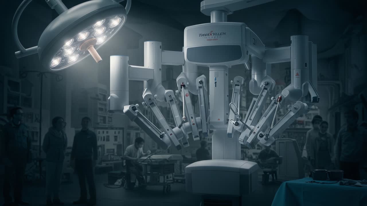 A Cutting-Edge Surgical Robot in a Dimly Lit Operating Room, Showcasing Advanced Technology and Precision in Modern Medicine Infused with Science and Innovation