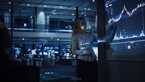 business conference meeting presentation: businesswoman does financial analysis talks to group of businessspeople. projector screen shows stock market data, investment strategy, revenue growth