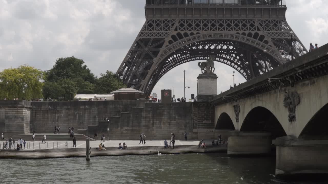 SLOW MOTION: Boat Cruise on river Seine in Paris with Eiffel Tower View, France