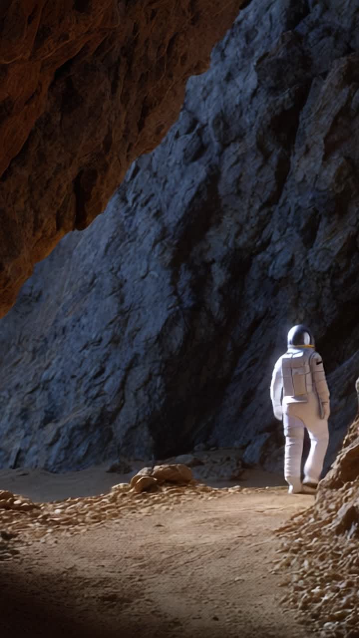 Astronauta eksplorujący skaliste środowisko jaskiniowe, oświetlone miękkim światłem, ukazujące kontrasty cieni i tekstur na tle pozaziemskiego krajobrazu.