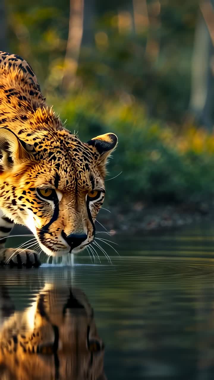 Video verticale: ghepardo che si avvicina in cerca di acqua, che beve a una pozza d'acqua e ne distorce il riflesso