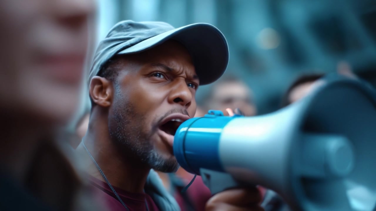 Attivista appassionato/a amplifica le voci con un megafono a una manifestazione, incanalando energia ed emozione per ispirare il cambiamento e mobilitare la folla in un momento potente.