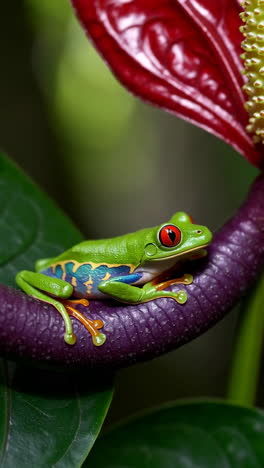 close-up of a red-eyed tree frog perched on a purple plant stem