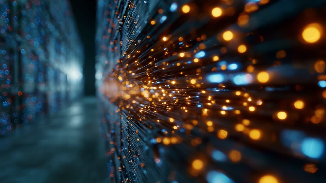 Een close-up reis door datastromen: Een visualisatie van technologie met heldere LED's en digitale connectiviteit in een hightech omgeving