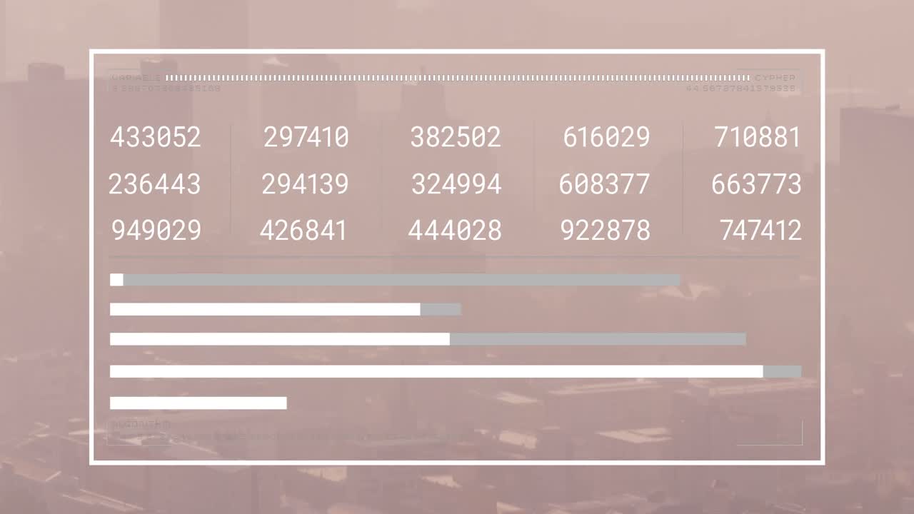 animación de la interfaz con el procesamiento de datos frente a una vista aérea del paisaje urbano