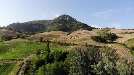 A-Mavic-air-drone-is-moving-slowly-forward-above-hills-and-fields-of-Emiglia-Romagna,-showing-the-color-contrast-of-this-region-in-the-spring-season