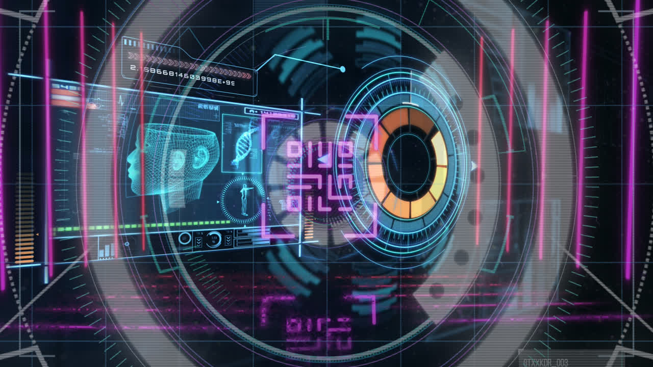 animazione di testa umana 3d, codice a barre, scansione dei dati, elaborazione hud su interfaccia digitale